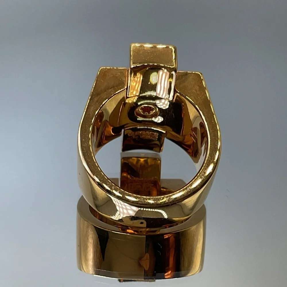 Versace Greca Logo Embossed Ring Statement Ring Gold Tone